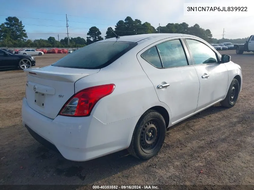 2018 Nissan Versa 1.6 Sv VIN: 3N1CN7AP6JL839922 Lot: 40353552