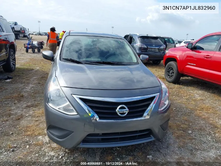 2018 Nissan Versa 1.6 S+ VIN: 3N1CN7AP1JL832960 Lot: 40568681