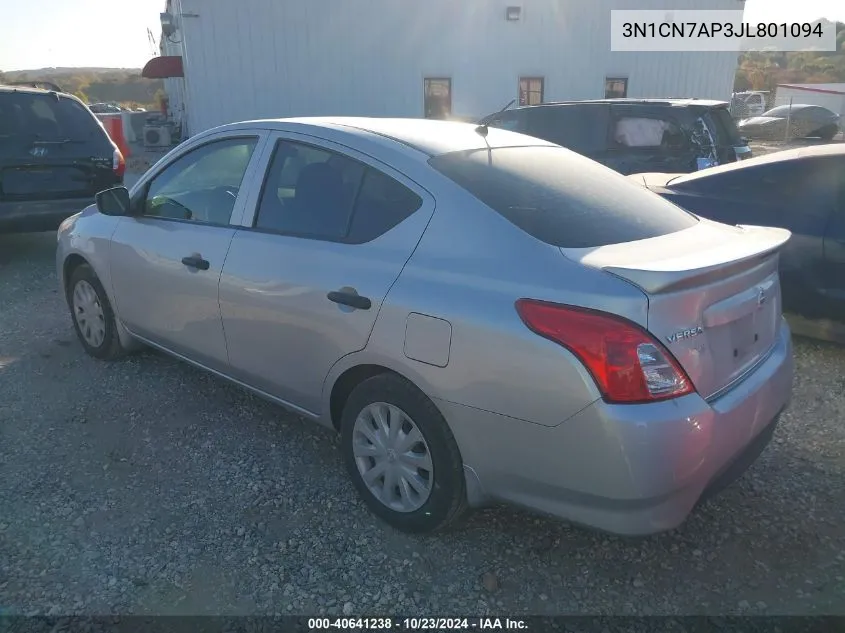 2018 Nissan Versa 1.6 S+ VIN: 3N1CN7AP3JL801094 Lot: 40641238