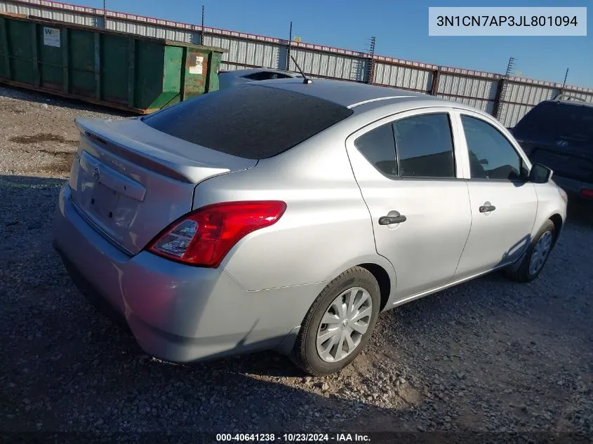 2018 Nissan Versa 1.6 S+ VIN: 3N1CN7AP3JL801094 Lot: 40641238