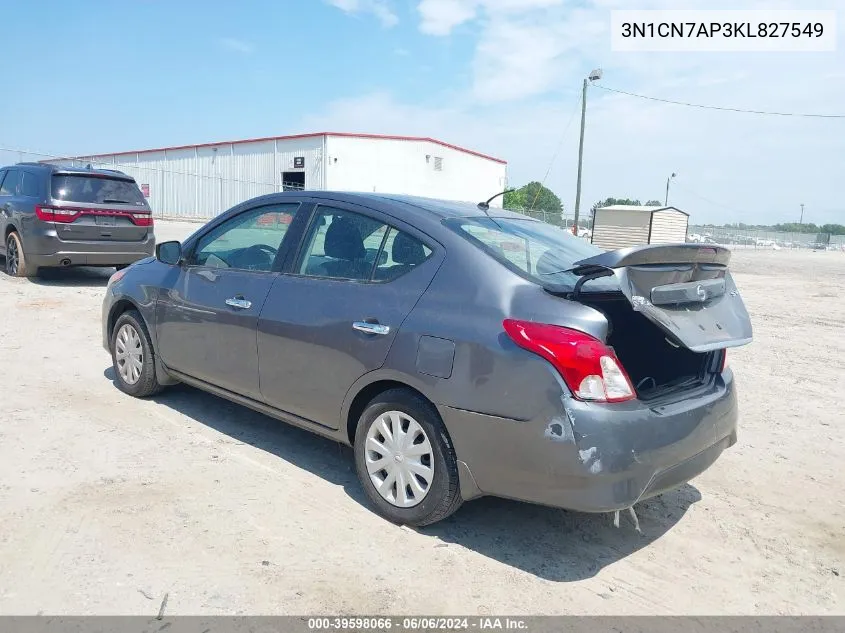 2019 Nissan Versa 1.6 Sv VIN: 3N1CN7AP3KL827549 Lot: 39598066