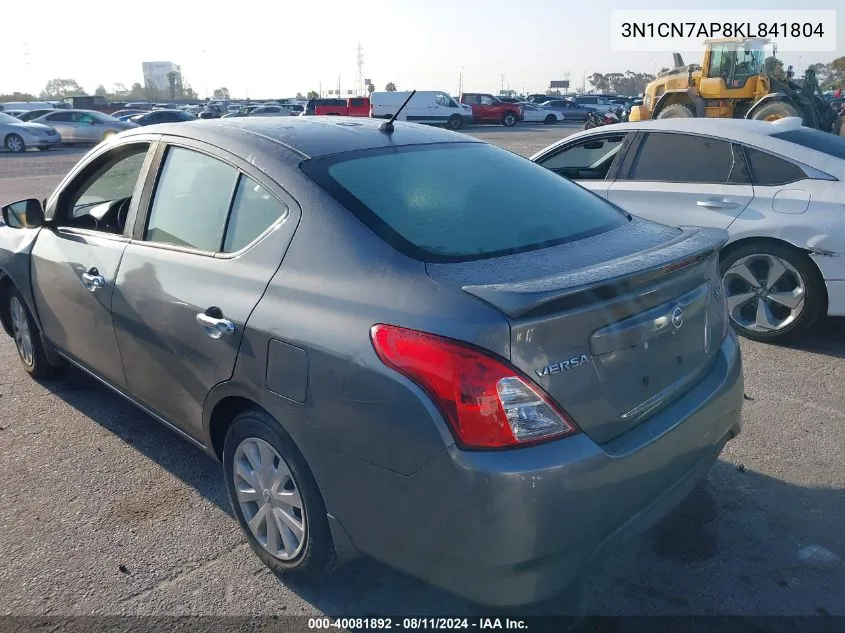 2019 Nissan Versa 1.6 Sv VIN: 3N1CN7AP8KL841804 Lot: 40081892