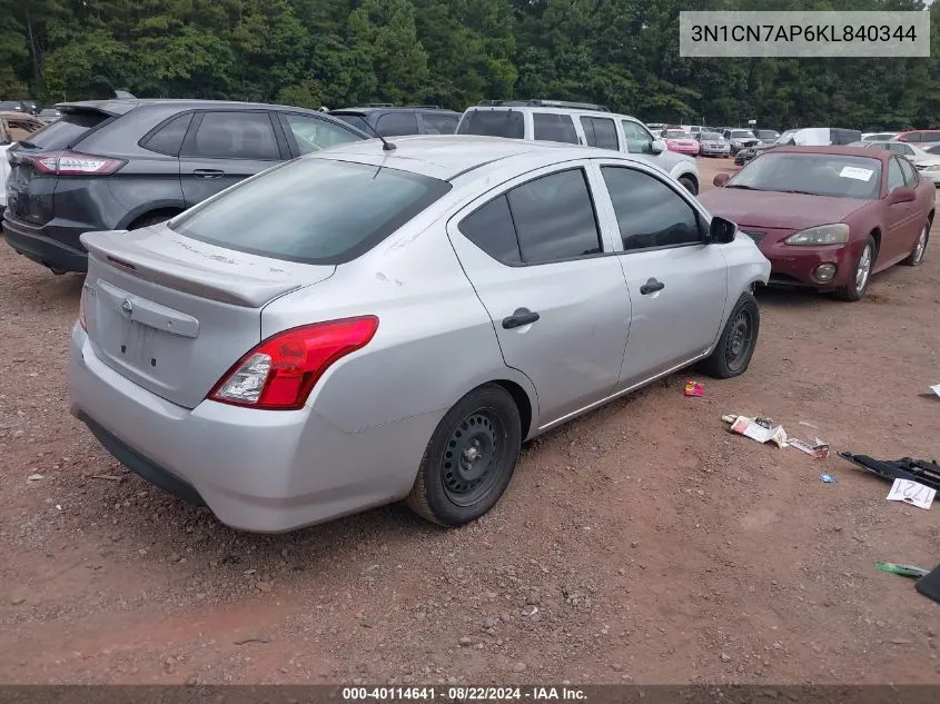 2019 Nissan Versa 1.6 S+ VIN: 3N1CN7AP6KL840344 Lot: 40114641