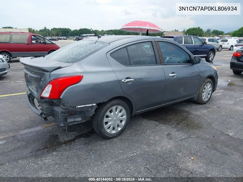 2019 Nissan Versa 1.6 Sv VIN: 3N1CN7AP0KL806934 Lot: 40144002