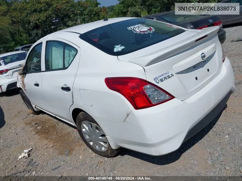 2019 Nissan Versa 1.6 S+ VIN: 3N1CN7AP2KL838073 Lot: 40145749