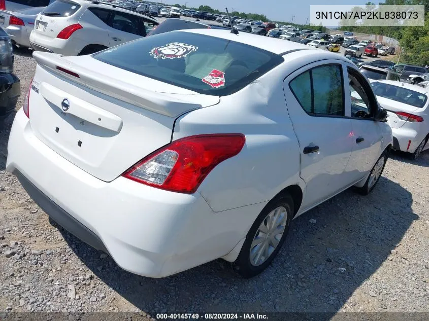 2019 Nissan Versa 1.6 S+ VIN: 3N1CN7AP2KL838073 Lot: 40145749