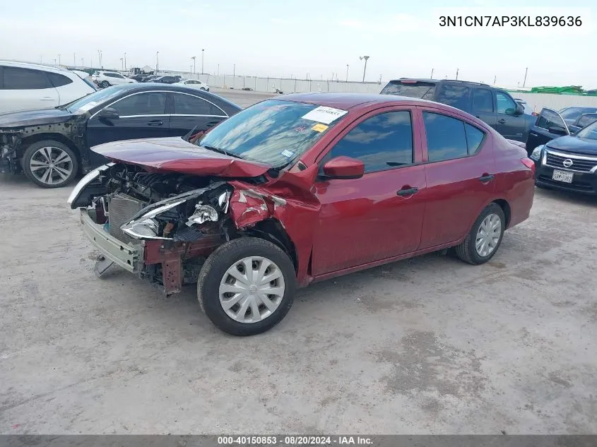 2019 Nissan Versa 1.6 S+ VIN: 3N1CN7AP3KL839636 Lot: 40150853