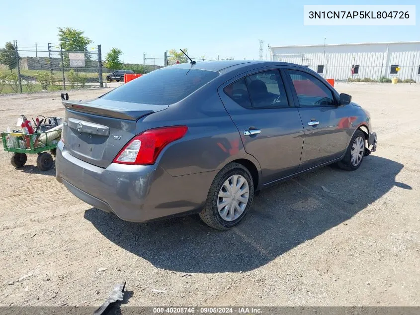 2019 Nissan Versa 1.6 Sv VIN: 3N1CN7AP5KL804726 Lot: 40208746