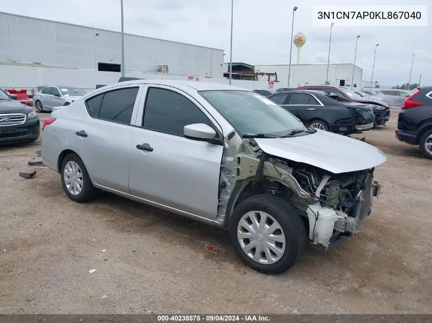 3N1CN7AP0KL867040 2019 Nissan Versa 1.6 S+