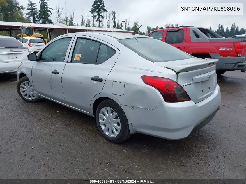 2019 Nissan Versa 1.6 S+ VIN: 3N1CN7AP7KL808096 Lot: 40379481