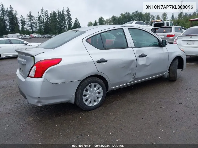 2019 Nissan Versa 1.6 S+ VIN: 3N1CN7AP7KL808096 Lot: 40379481