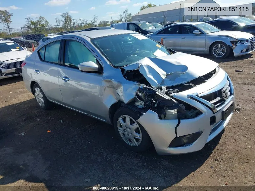 2019 Nissan Versa 1.6 Sv VIN: 3N1CN7AP3KL851415 Lot: 40620915