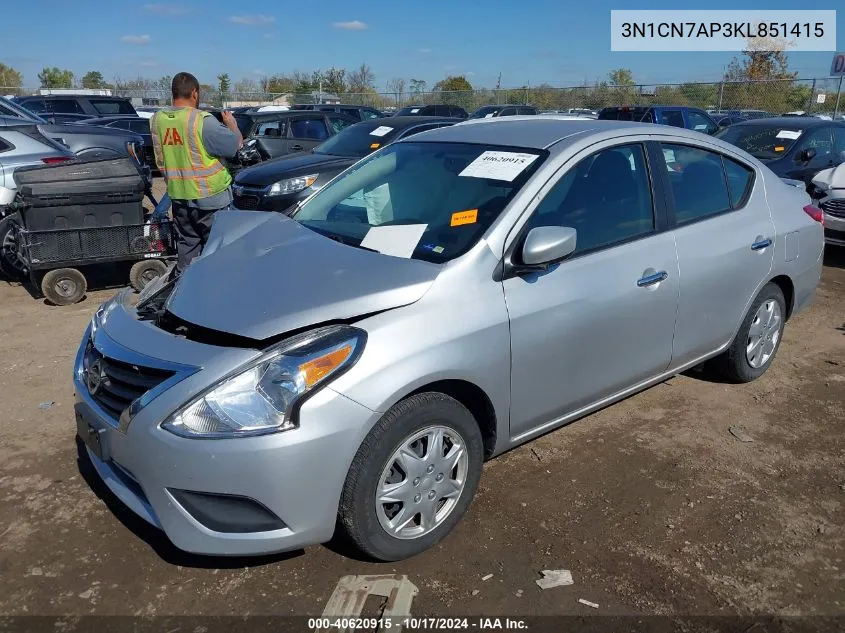 2019 Nissan Versa 1.6 Sv VIN: 3N1CN7AP3KL851415 Lot: 40620915