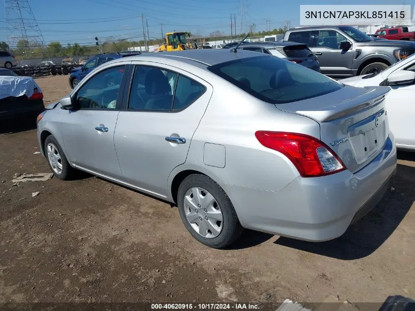 2019 Nissan Versa 1.6 Sv VIN: 3N1CN7AP3KL851415 Lot: 40620915