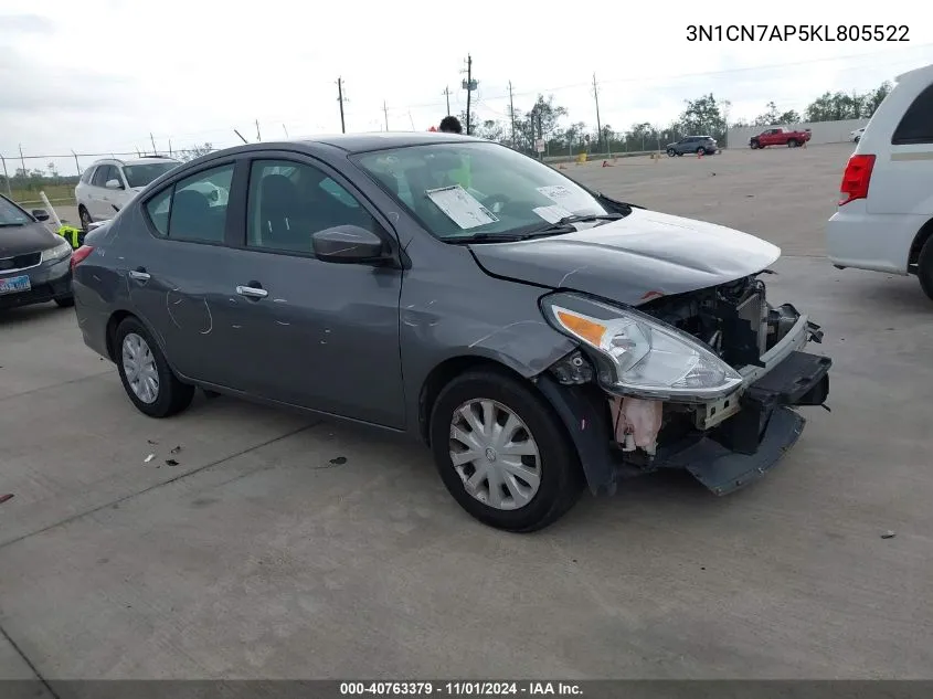 2019 Nissan Versa 1.6 Sv VIN: 3N1CN7AP5KL805522 Lot: 40763379