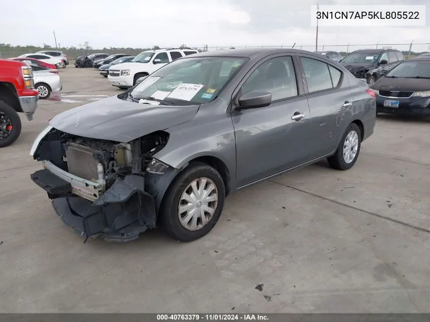 2019 Nissan Versa 1.6 Sv VIN: 3N1CN7AP5KL805522 Lot: 40763379