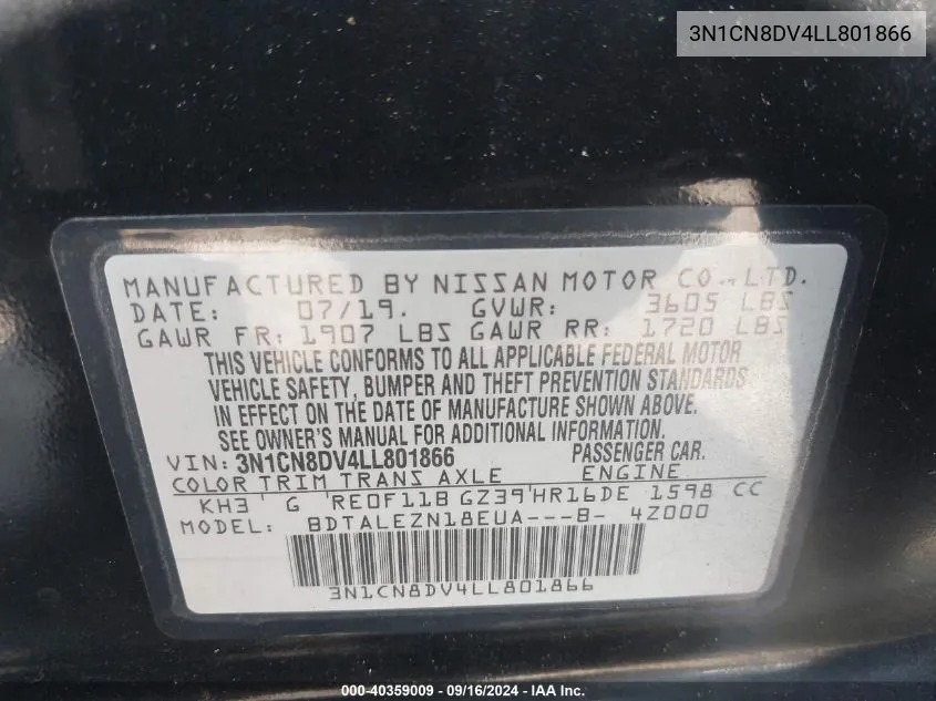 2020 Nissan Versa S Xtronic Cvt VIN: 3N1CN8DV4LL801866 Lot: 40359009