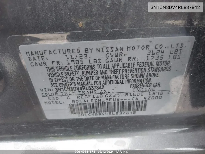 3N1CN8DV4RL837842 2024 Nissan Versa 1.6 S