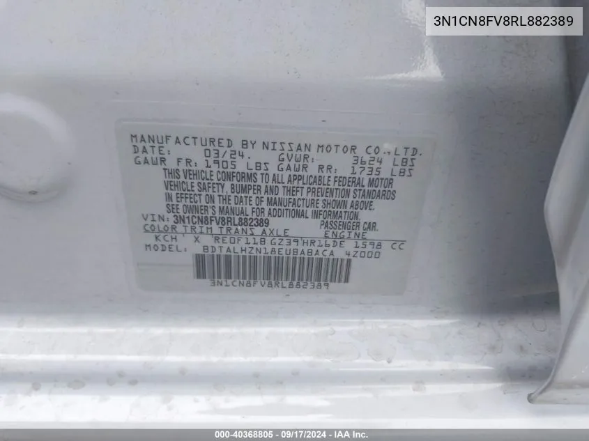 3N1CN8FV8RL882389 2024 Nissan Versa 1.6 Sr