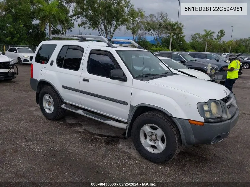 2002 Nissan Xterra Xe VIN: 5N1ED28T22C594981 Lot: 40433633