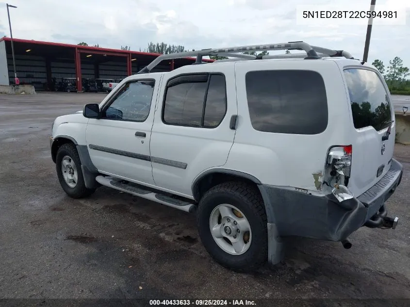 2002 Nissan Xterra Xe VIN: 5N1ED28T22C594981 Lot: 40433633