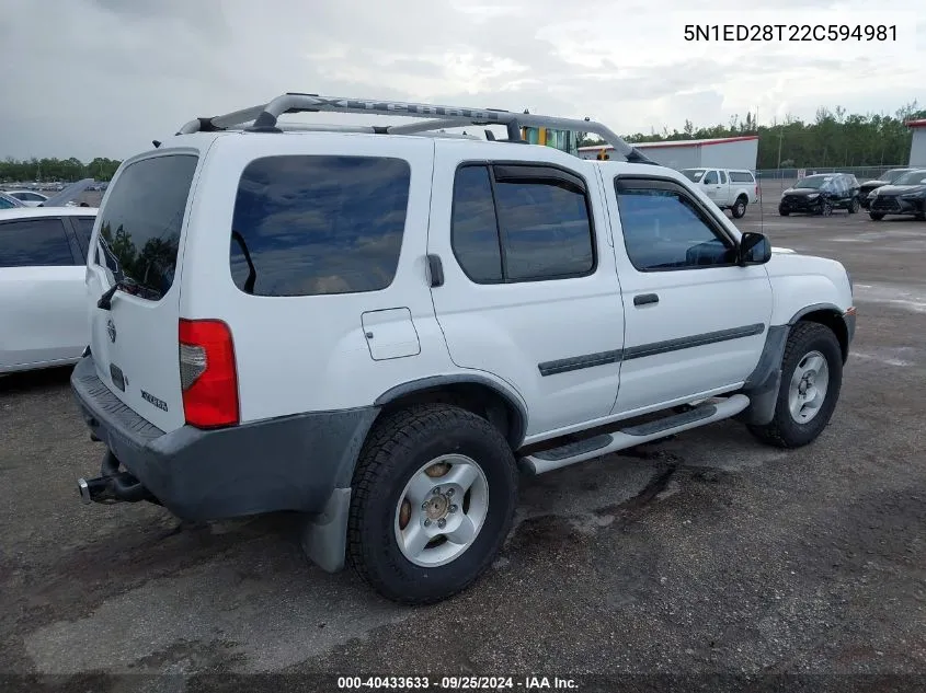 2002 Nissan Xterra Xe VIN: 5N1ED28T22C594981 Lot: 40433633