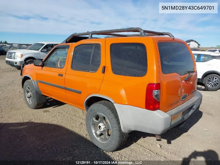 2003 Nissan Xterra Se S/C VIN: 5N1MD28Y43C649701 Lot: 12129191