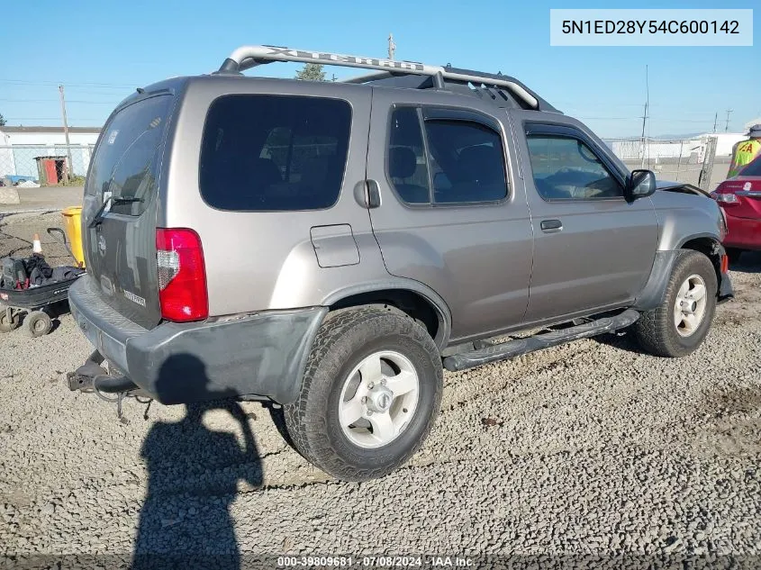 2004 Nissan Xterra Xe VIN: 5N1ED28Y54C600142 Lot: 39809681