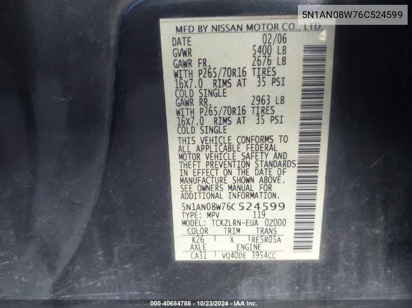 2006 Nissan Xterra S VIN: 5N1AN08W76C524599 Lot: 40684788