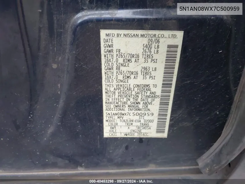 2007 Nissan Xterra S VIN: 5N1AN08WX7C500959 Lot: 40453298