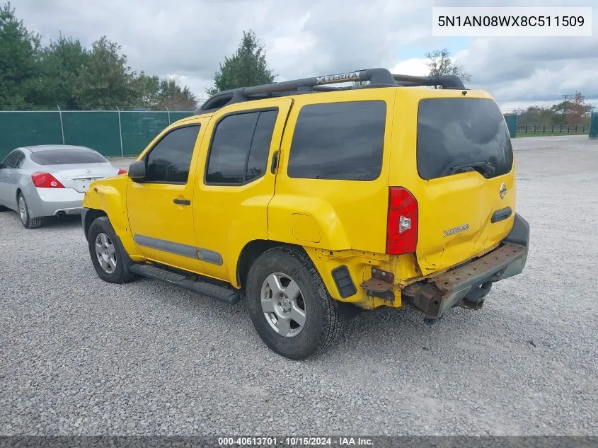 2008 Nissan Xterra S VIN: 5N1AN08WX8C511509 Lot: 40613701