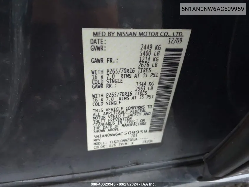 5N1AN0NW6AC509959 2010 Nissan Xterra X