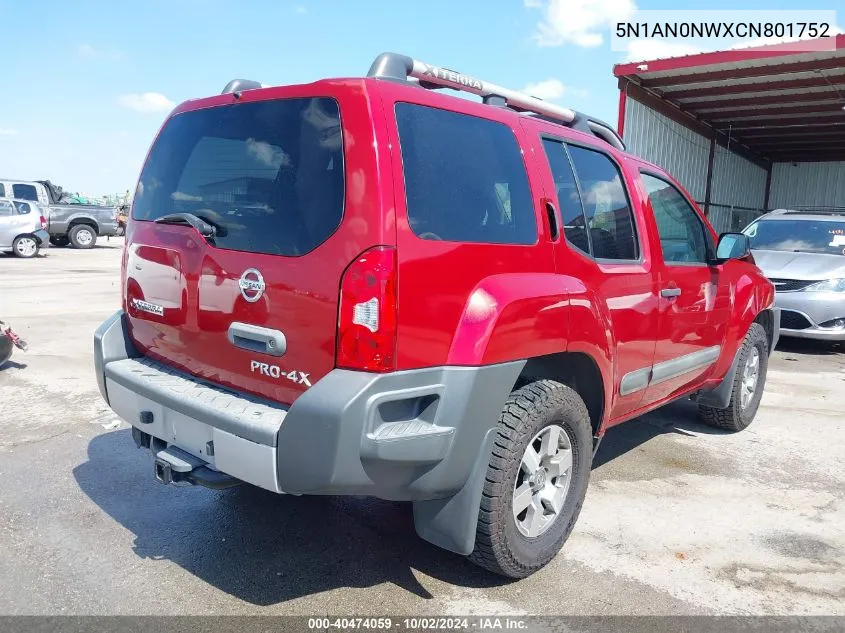 2012 Nissan Xterra Pro-4X VIN: 5N1AN0NWXCN801752 Lot: 40474059