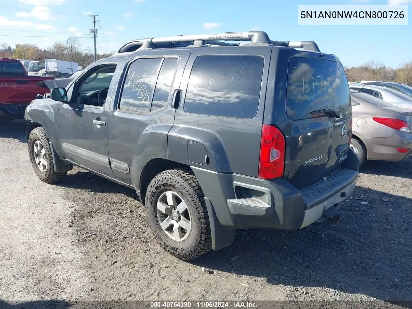 2012 Nissan Xterra Pro-4X VIN: 5N1AN0NW4CN800726 Lot: 40754390