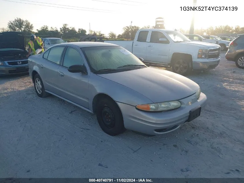 2000 Oldsmobile Alero Gx VIN: 1G3NK52T4YC374139 Lot: 40740791