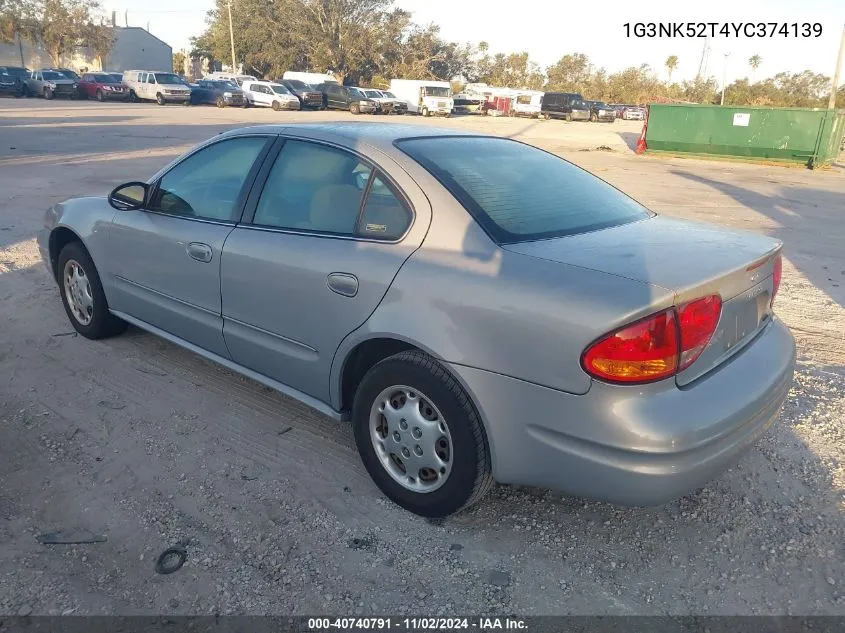 2000 Oldsmobile Alero Gx VIN: 1G3NK52T4YC374139 Lot: 40740791