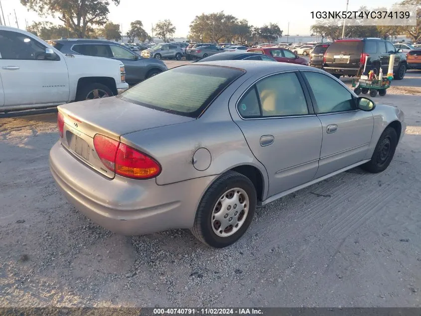 2000 Oldsmobile Alero Gx VIN: 1G3NK52T4YC374139 Lot: 40740791