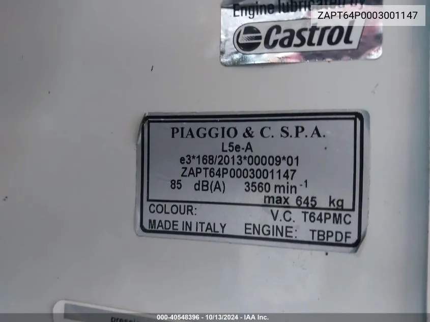 2020 Piaggio Other VIN: ZAPT64P0003001147 Lot: 40548396