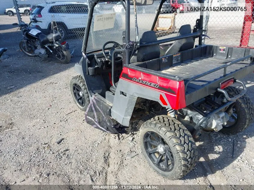 2019 Polaris Ranger 150 Efi VIN: L6KHZA152KS000765 Lot: 40801256