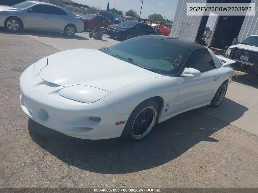 1998 Pontiac Firebird Trans Am VIN: 2G2FV22G0W2203922 Lot: 40057098