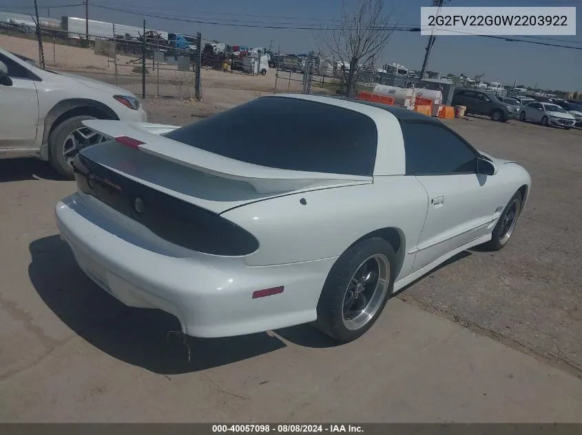 1998 Pontiac Firebird Trans Am VIN: 2G2FV22G0W2203922 Lot: 40057098