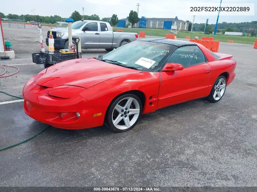 1999 Pontiac Firebird VIN: 2G2FS22K3X2202889 Lot: 39843678