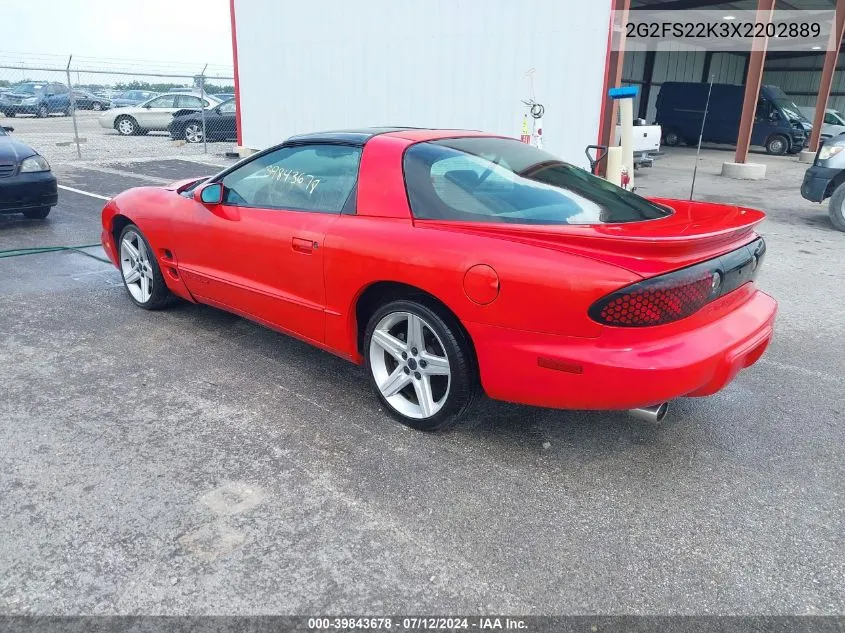 1999 Pontiac Firebird VIN: 2G2FS22K3X2202889 Lot: 39843678