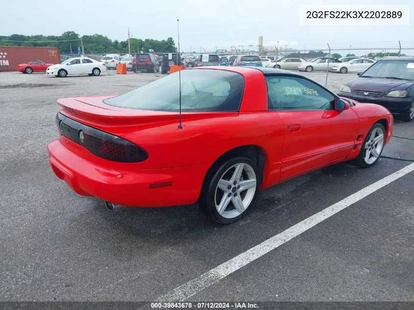 1999 Pontiac Firebird VIN: 2G2FS22K3X2202889 Lot: 39843678