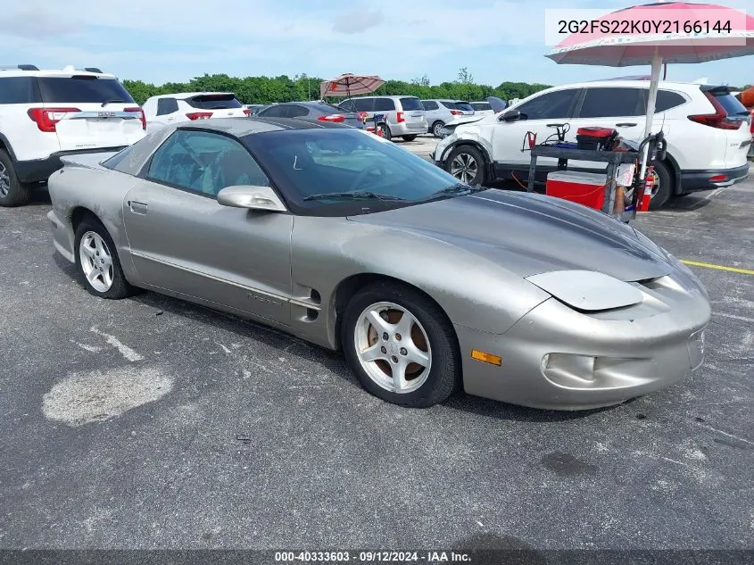 2000 Pontiac Firebird VIN: 2G2FS22K0Y2166144 Lot: 40333603