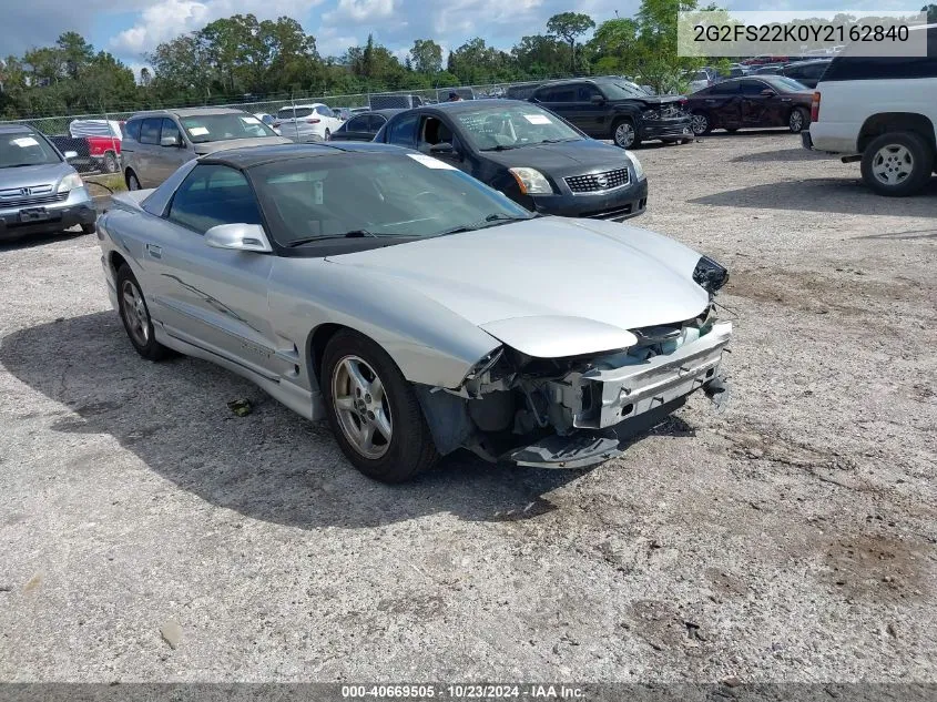 2000 Pontiac Firebird VIN: 2G2FS22K0Y2162840 Lot: 40669505