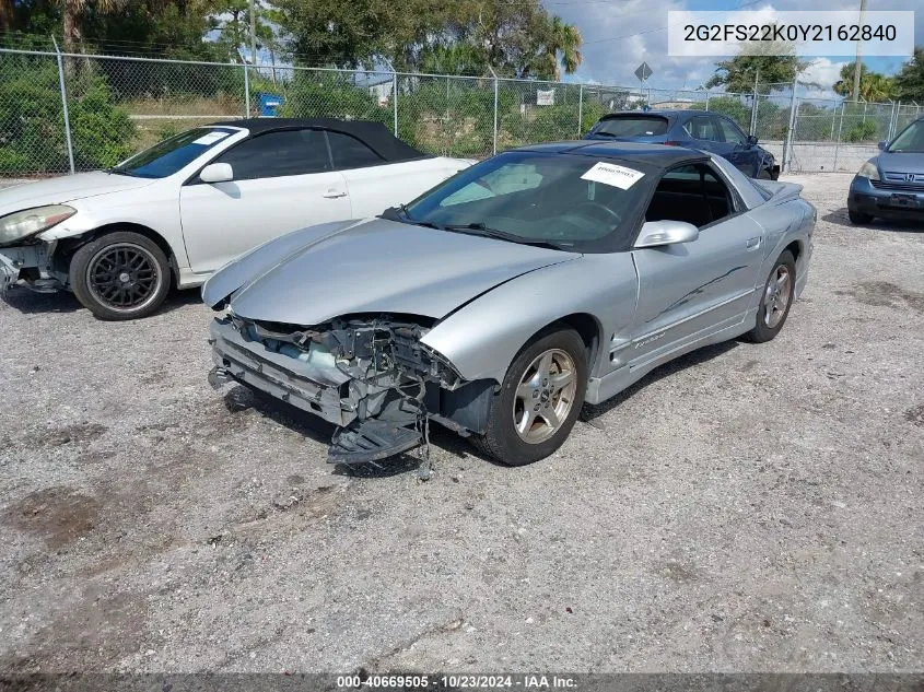 2000 Pontiac Firebird VIN: 2G2FS22K0Y2162840 Lot: 40669505