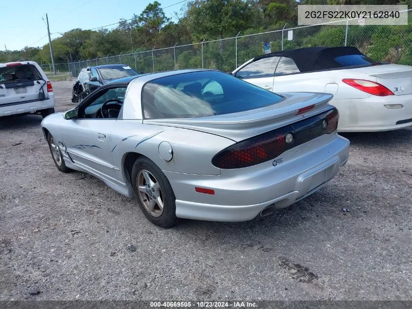 2000 Pontiac Firebird VIN: 2G2FS22K0Y2162840 Lot: 40669505