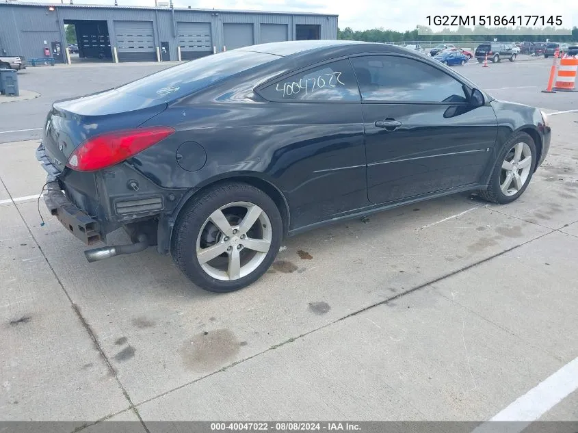 2006 Pontiac G6 Gtp VIN: 1G2ZM151864177145 Lot: 40047022