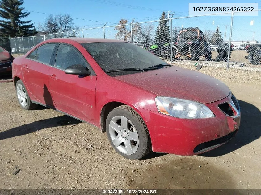 2007 Pontiac G6 Se VIN: 1G2ZG58N874265322 Lot: 30047896